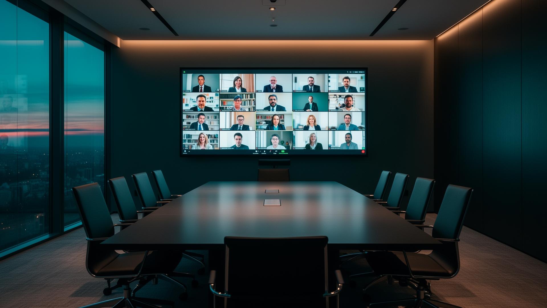 Modern executive boardroom with active video conference